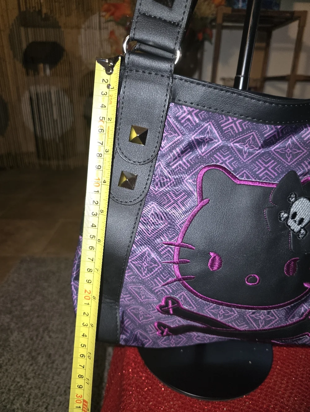 Purple/Black/Pink Skull Kitty Tote Bag with Studded Straps - Picture 14 of 15